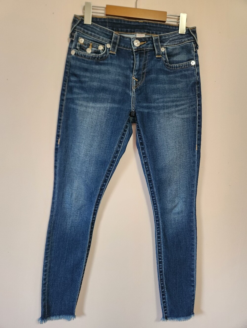 True Religion Super Skinny Flap Pocket Frayed Ankle Jeans Sunset Wash Size 27